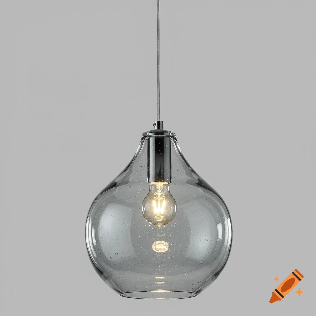 A minimalist smoke-gray hand-blown glass teardrop-shaped pendant lamp with a lit filament bulb against a light gray background.