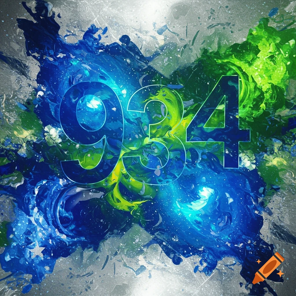 Abstract blue, green, and yellow paint splatters with the numbers 934 in the center.