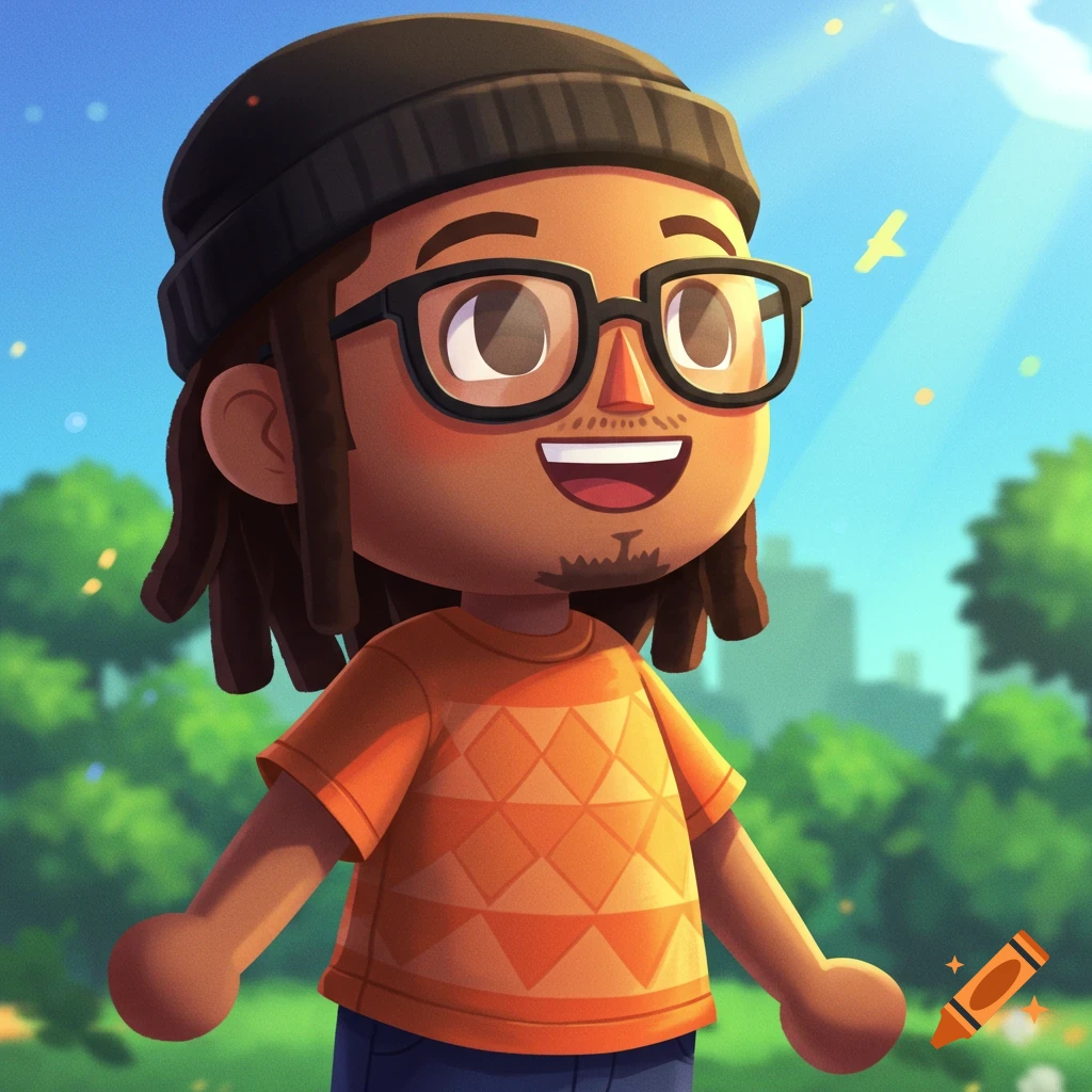 Happy Animal Crossing style male villager with black beanie, black glasses, dreadlocks, and an orange shirt outdoors.