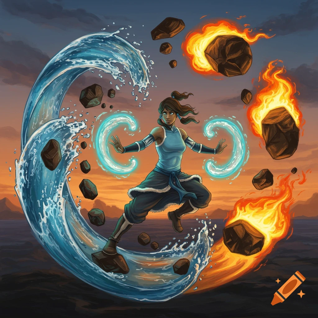 Avatar Korra in a dynamic pose, bending water, fire, and earth elements around her in a vibrant anime style.