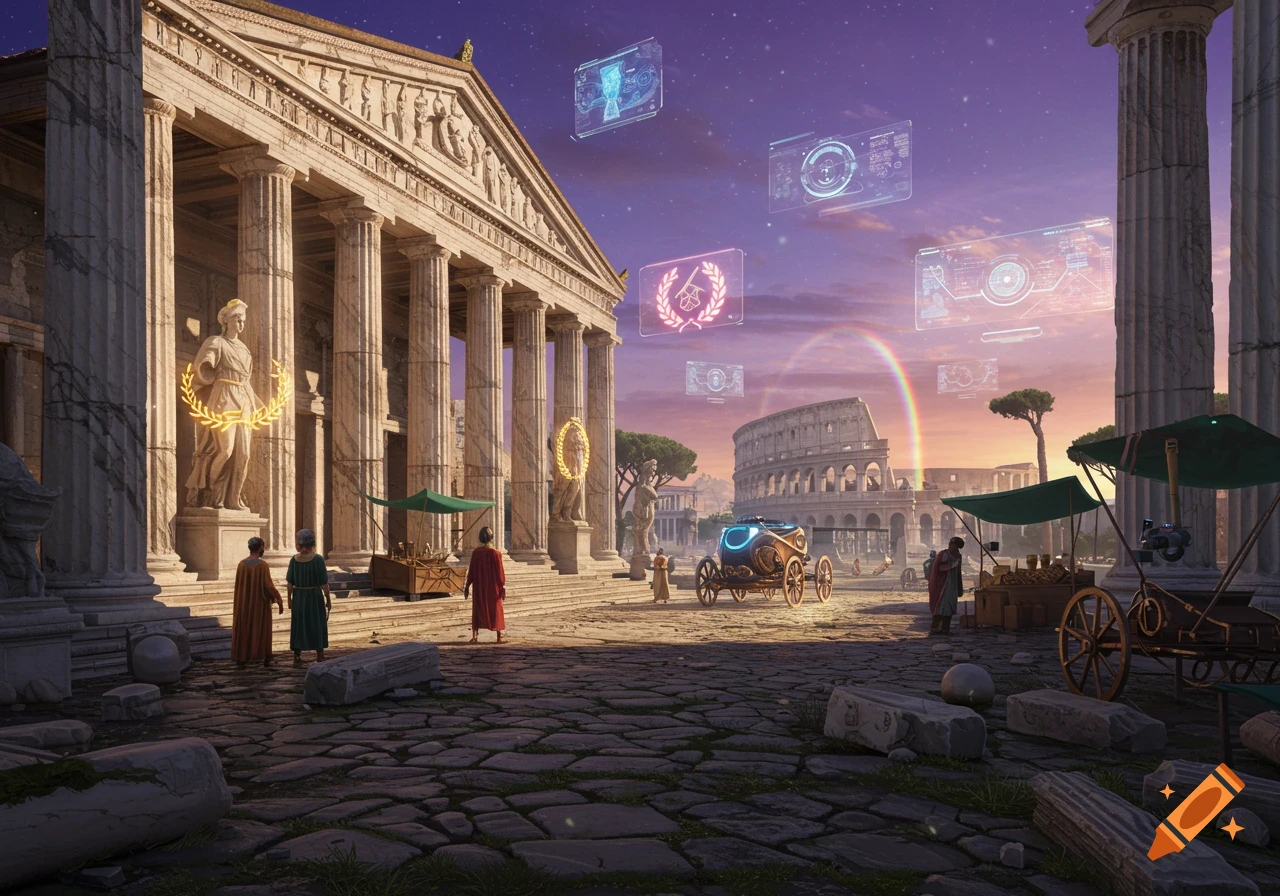 Ancient Rome cityscape with a grand temple, Colosseum, futuristic chariot, and floating holograms under a purple sunset sky with a rainbow.