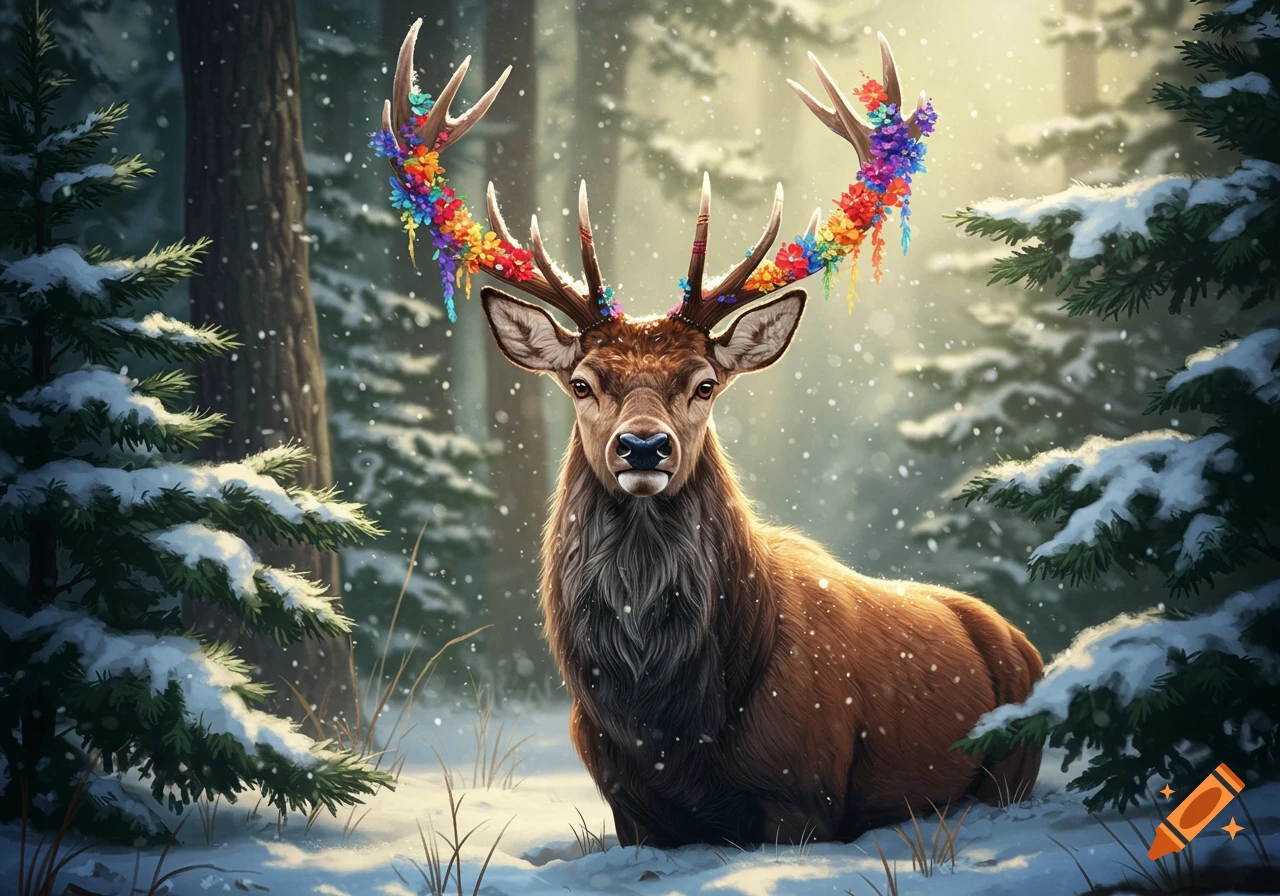 A majestic reindeer with antlers adorned with colorful flowers stands in a snowy forest as snow falls.