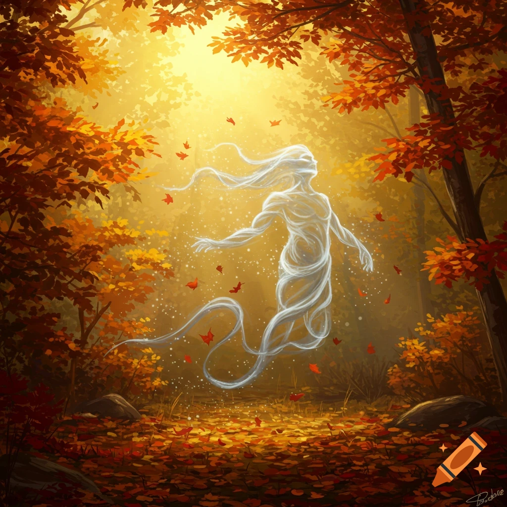 A luminous, ghostly spirit figure floats in a sun-drenched autumn forest, surrounded by falling red and orange leaves.