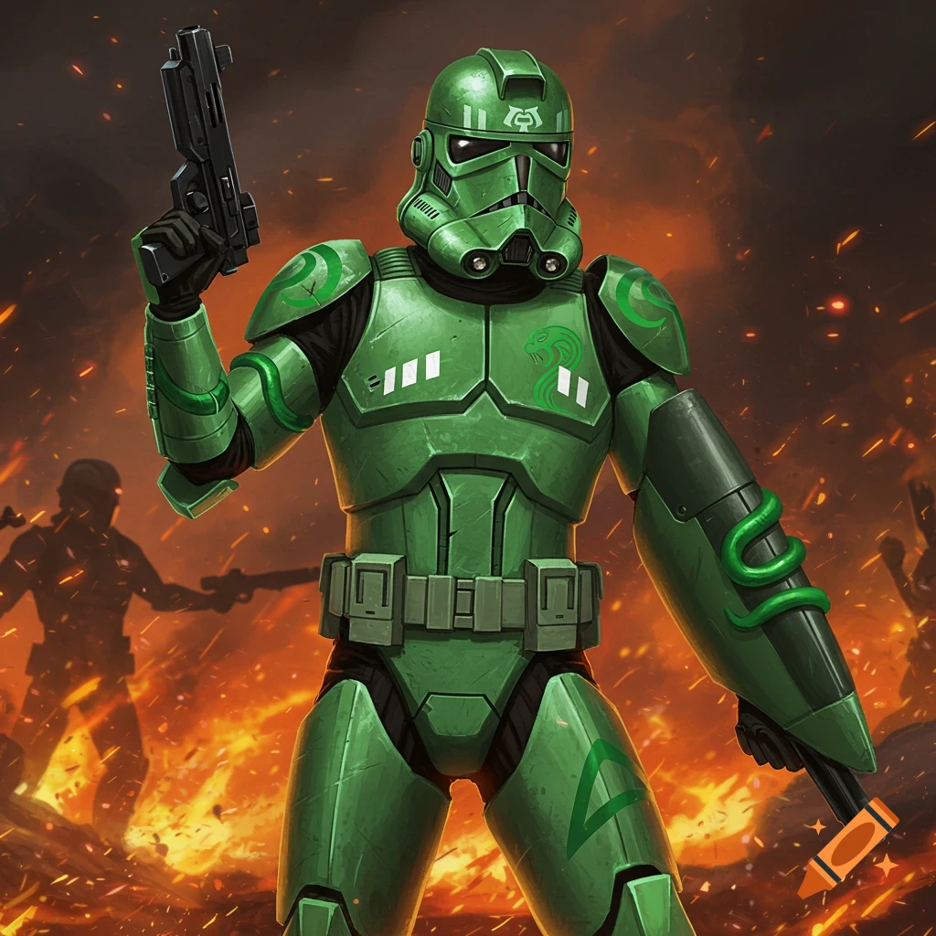 Green armored soldier, resembling a stormtrooper, holding a blaster pistol amidst fiery explosions.