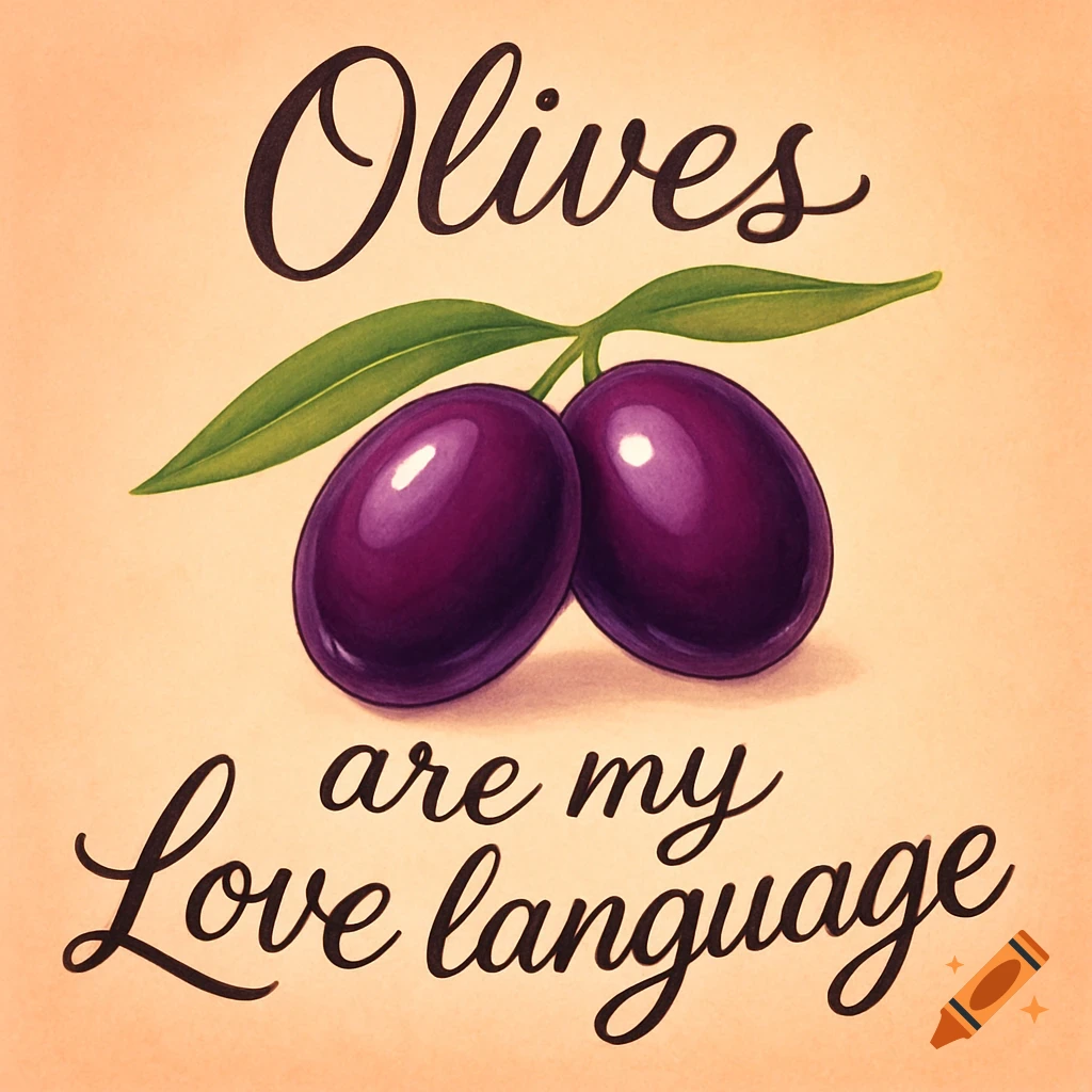 Two purple olives on a branch with green leaves, text reads 'Olives are my Love language' on a beige background. Illustration.