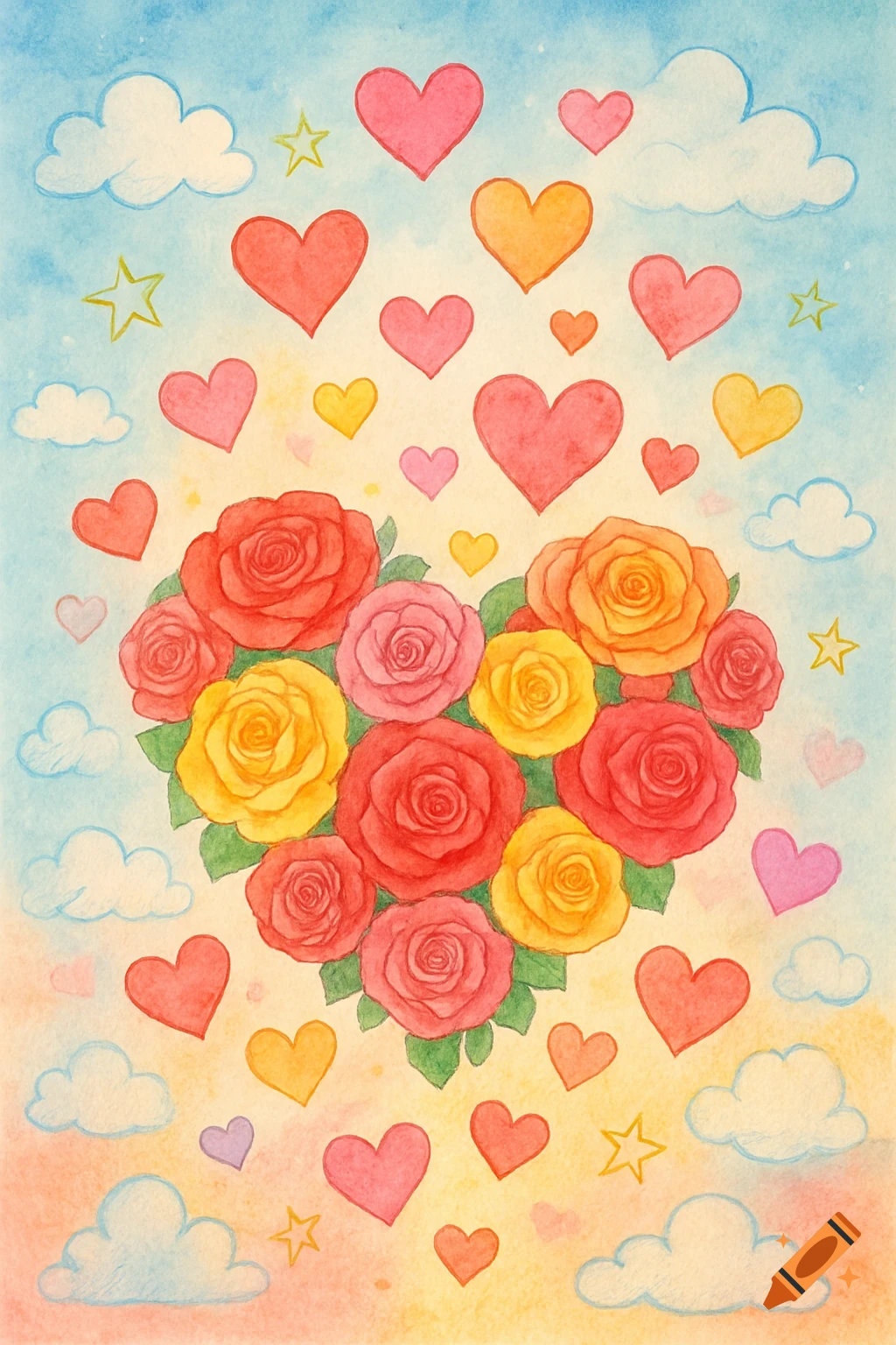 Watercolor illustration of a heart-shaped bouquet of colorful roses, surrounded by smaller hearts, stars, and clouds on a gradient sky.