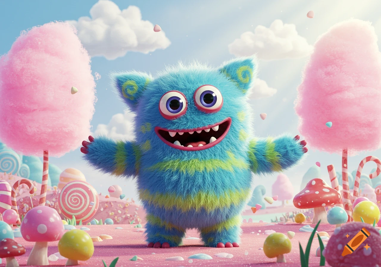 A fluffy blue and green striped cartoon monster with big eyes smiles in a colorful candy land with pink cotton candy trees and mushroom candies.