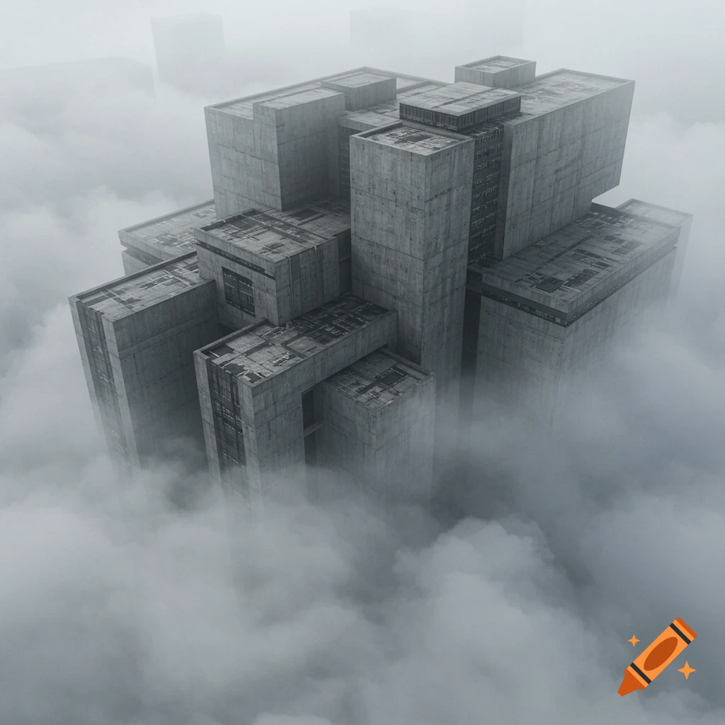 A brutalist architectural complex made of concrete blocks, rising from heavy fog, viewed from above.