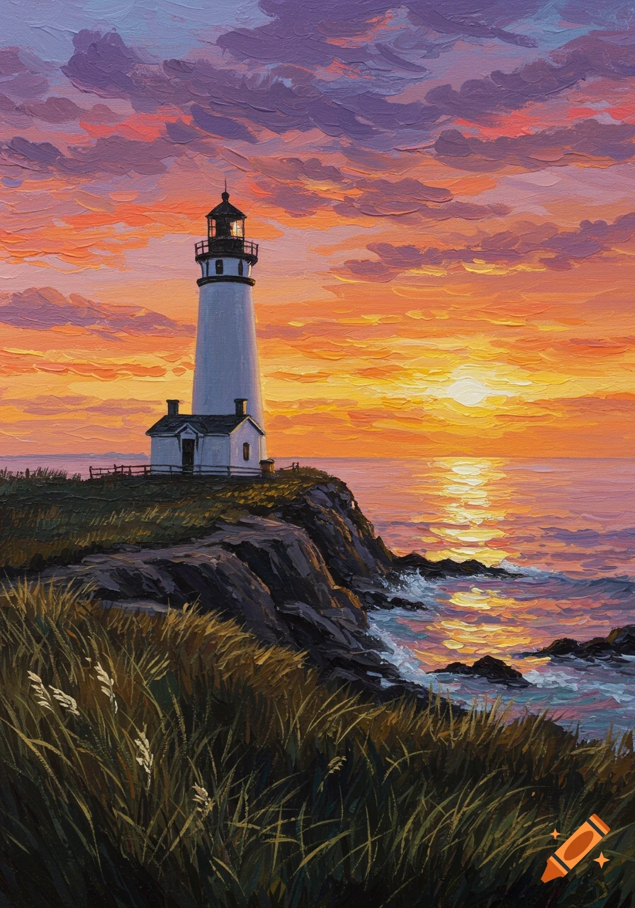 Impressionistic painting of a white lighthouse on a cliff overlooking the ocean at sunset, with vibrant orange and purple clouds.
