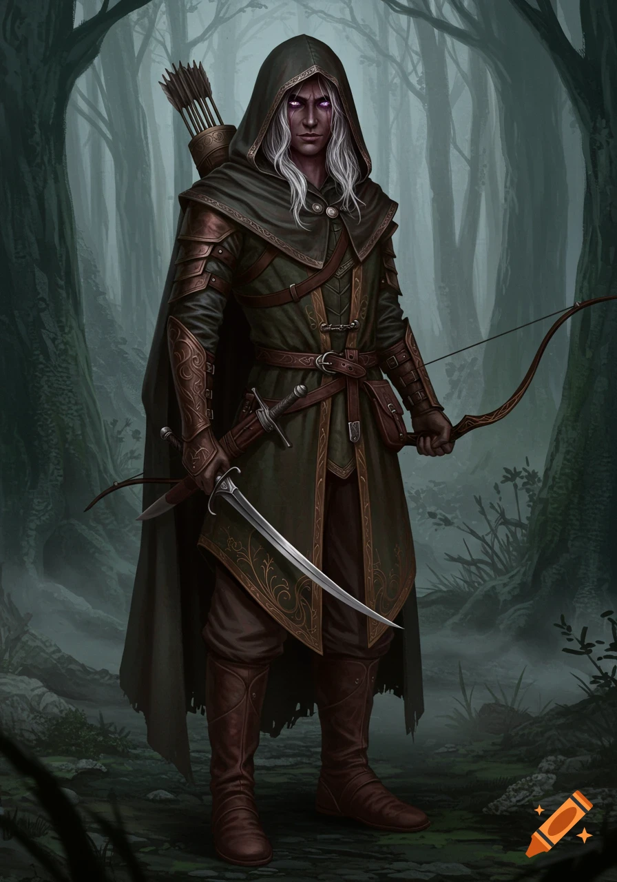 A hooded, dark-skinned male wood elf with silver hair, purple eyes, holding a sword and bow, standing in a misty forest.