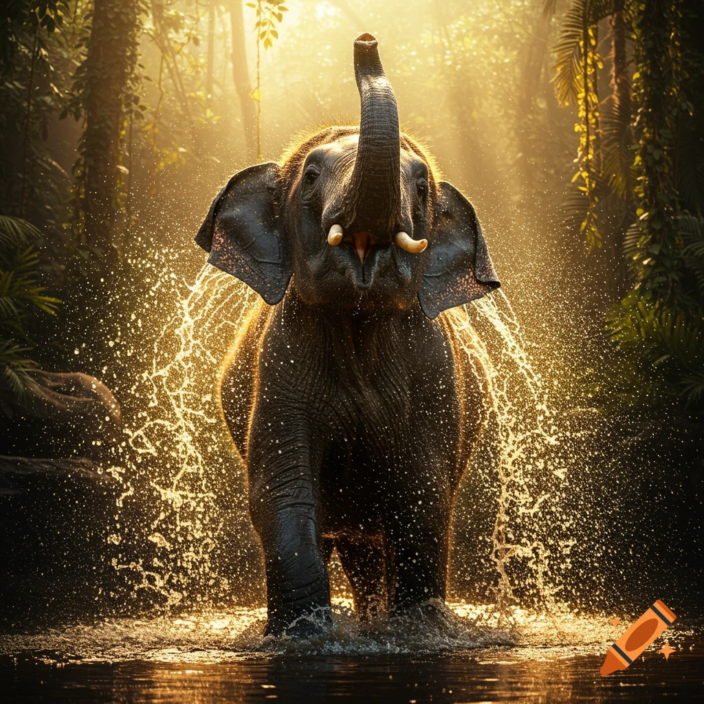 A photorealistic elephant splashes water with its trunk raised in a sunlit jungle river.