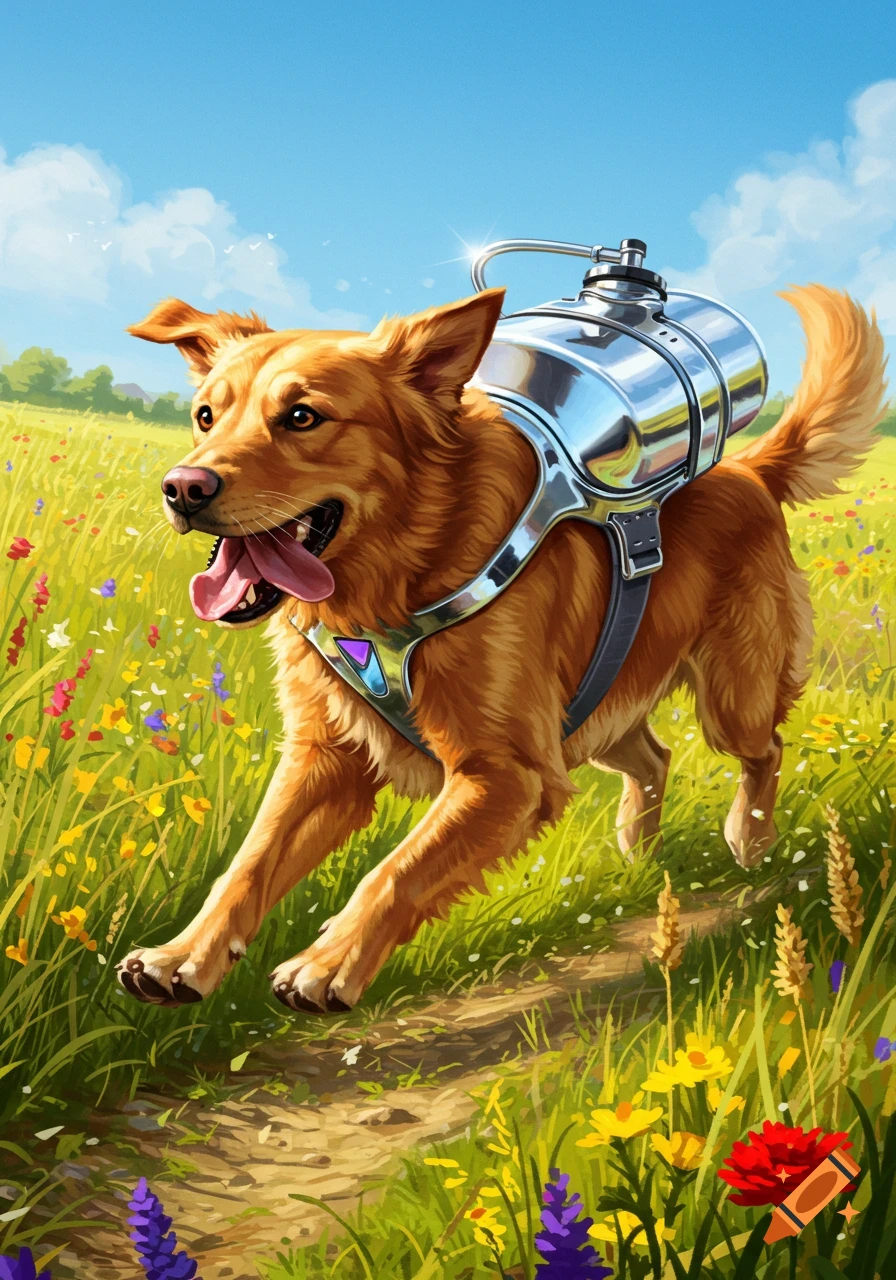 A happy golden-brown dog with a metallic water container backpack runs through a vibrant field of colorful wildflowers.