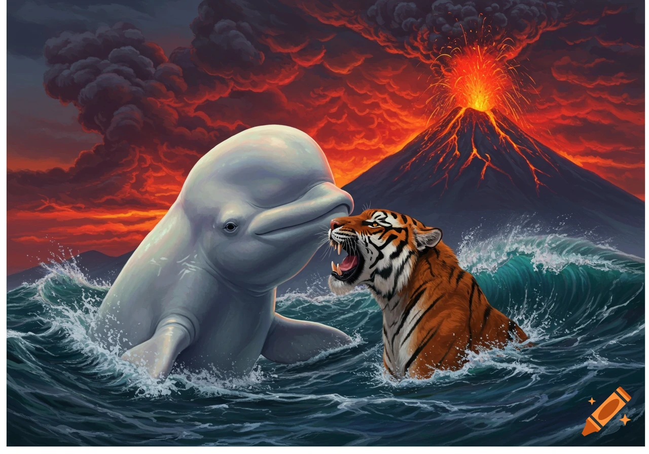 A beluga whale and a tiger face each other in rough ocean waves, with an erupting volcano under a fiery sky in a digital painting.