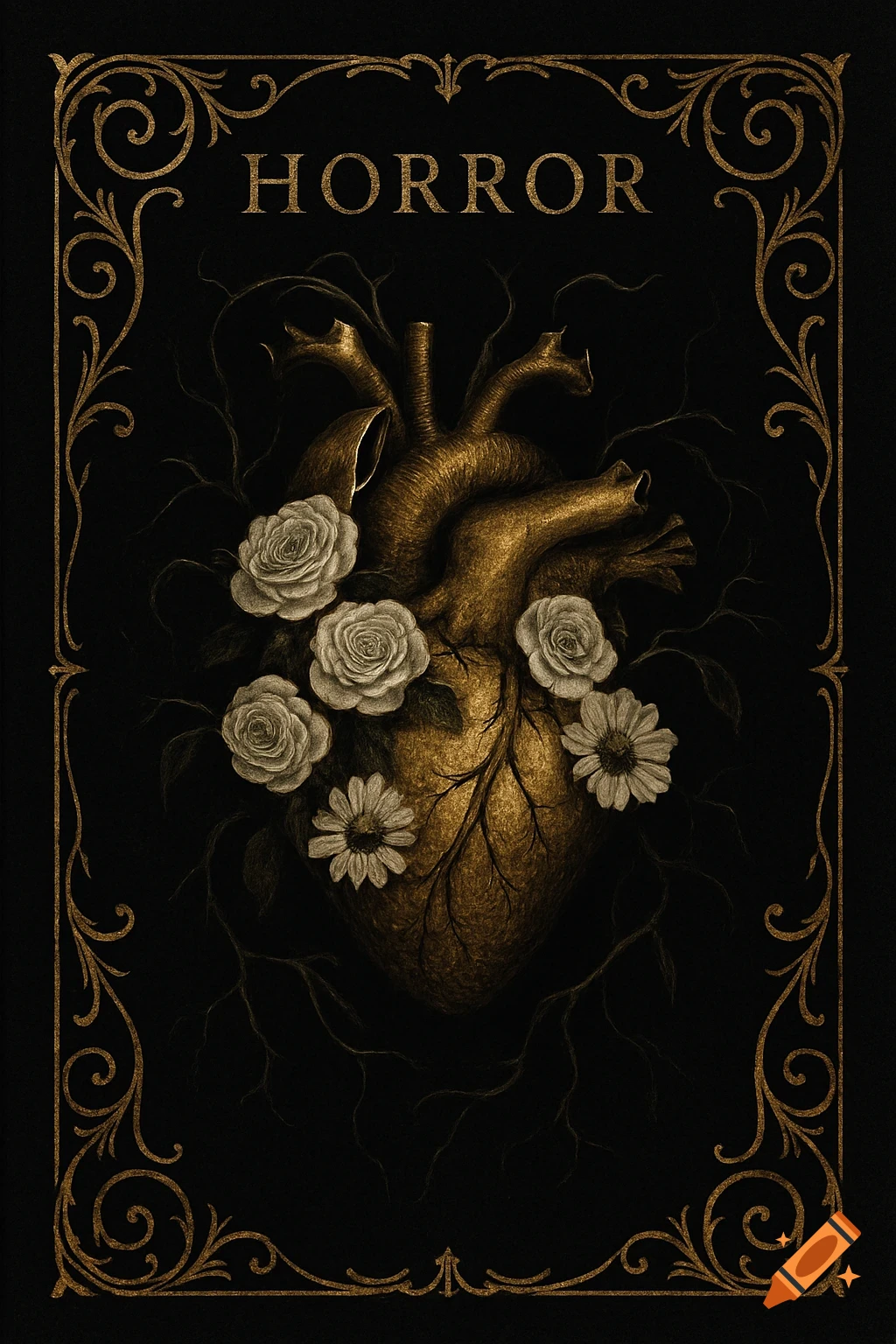 A gothic horror book cover with a golden anatomical heart adorned with white roses and daisies, framed by ornate gold scrollwork, and 'HORROR' at the top.