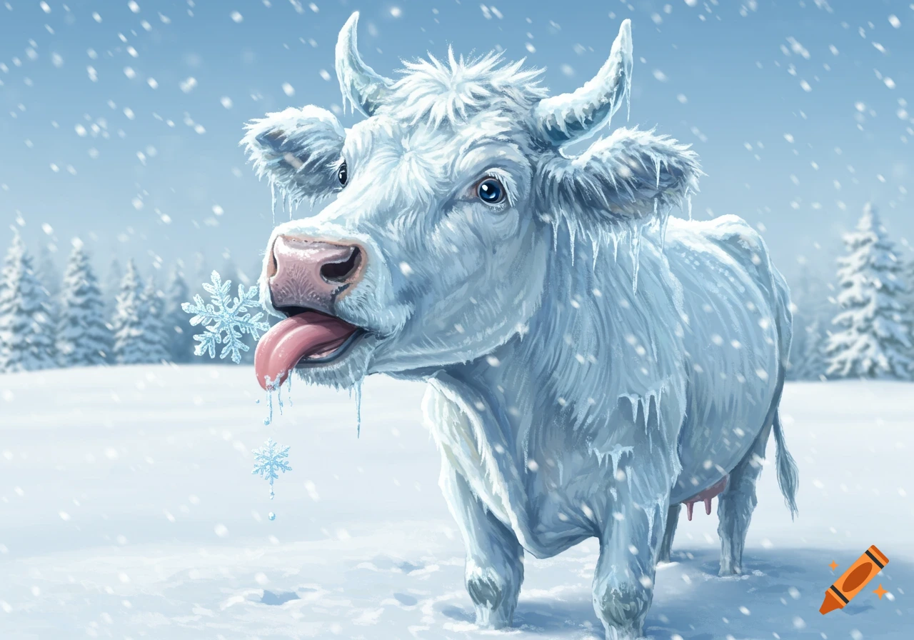 An illustration of a white cow covered in ice and icicles, with a blissful expression, licking a snowflake in a snowy winter forest.