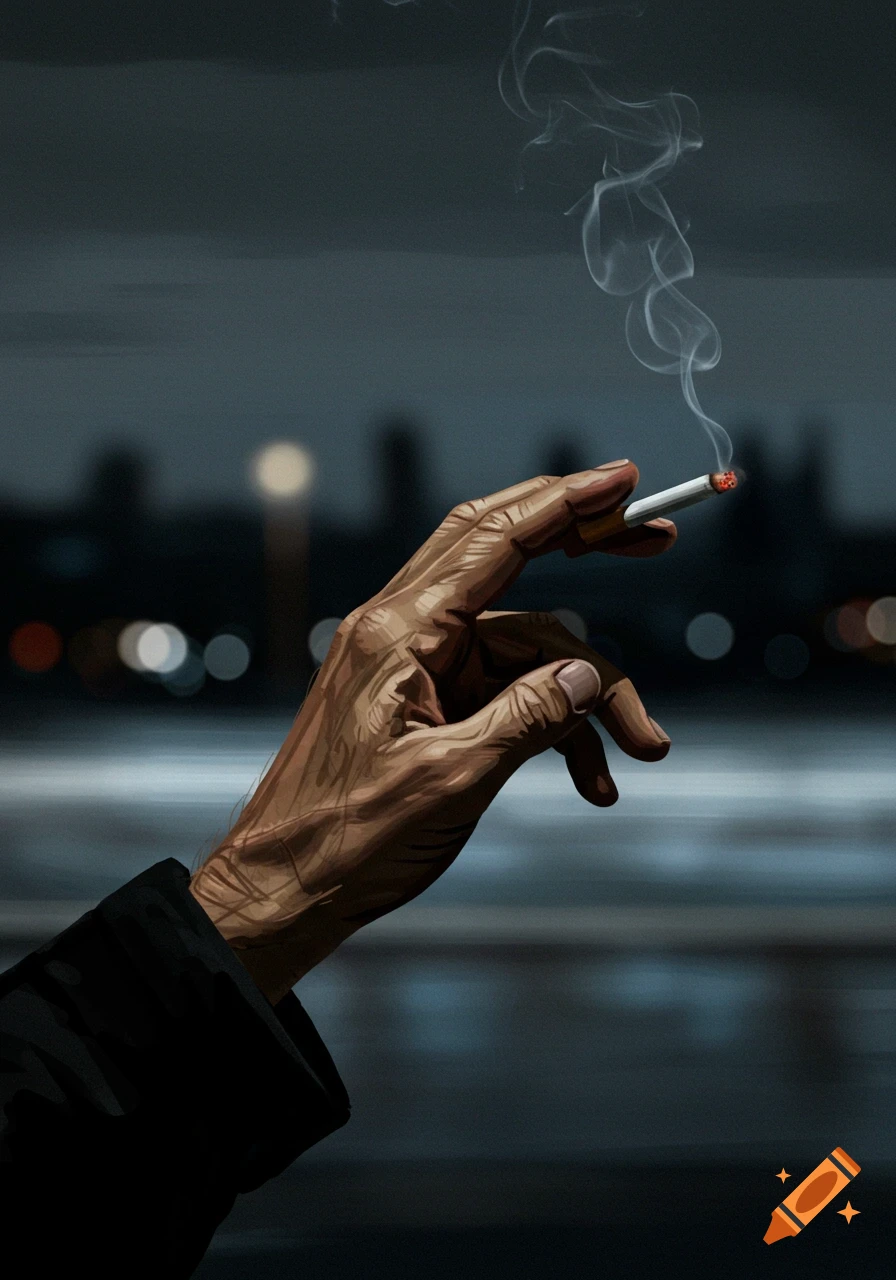 A stylized illustration of a hand holding a lit cigarette with smoke rising, against a dark, blurred background with city lights.