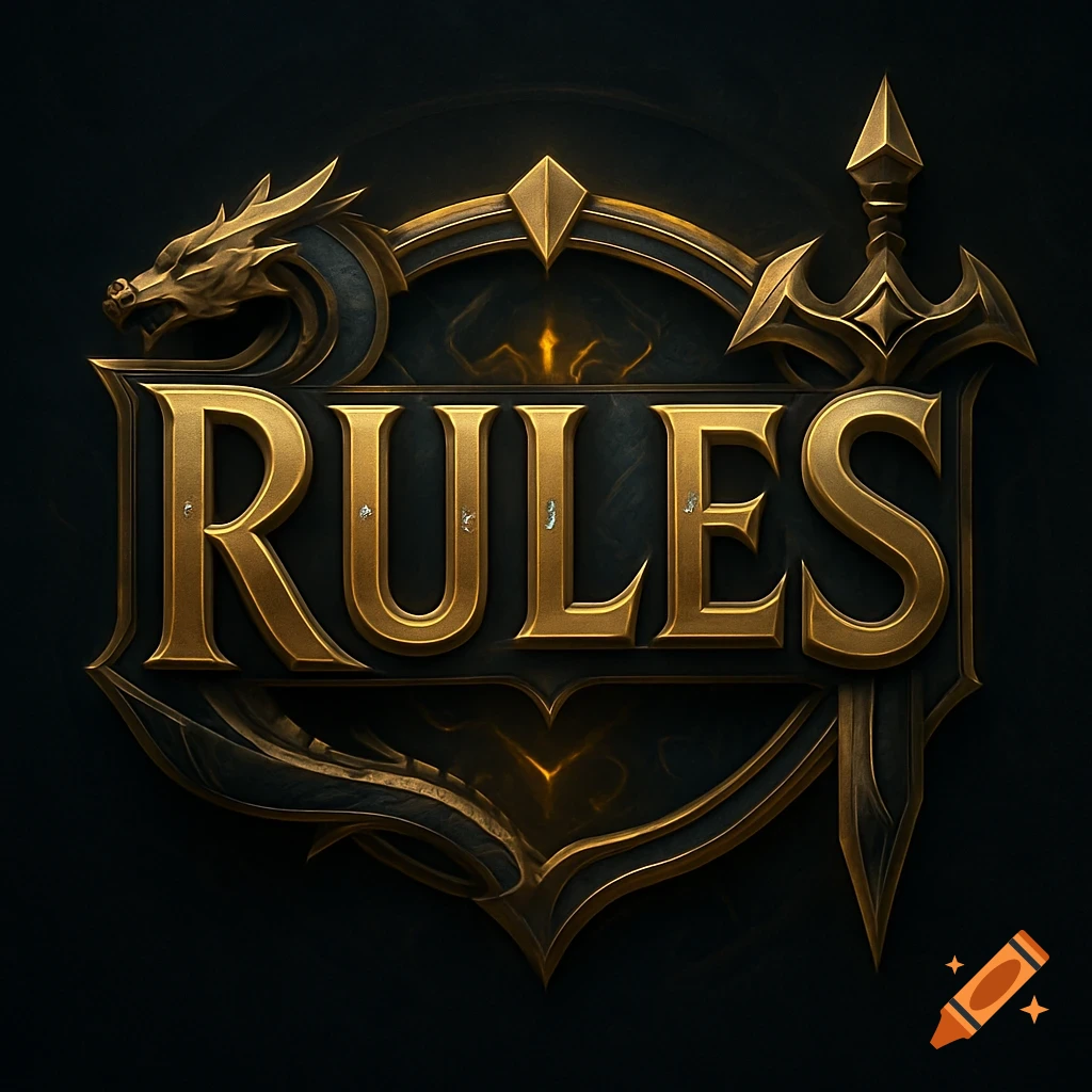 A golden and dark metallic logo featuring a dragon head, a sword, and the word 'RULES' in an ornate, fantasy style.