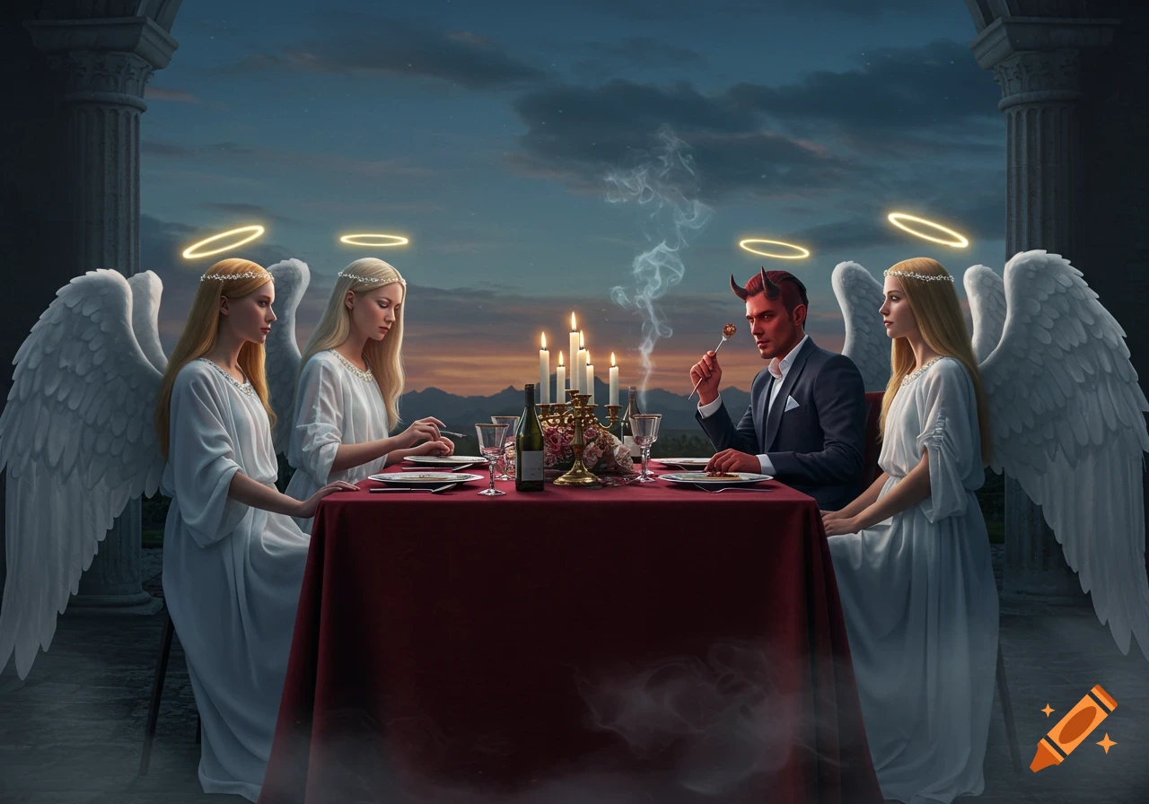 Three angels and a devil in a suit dine at a candlelit table outdoors, with a dramatic sunset sky and ancient columns.
