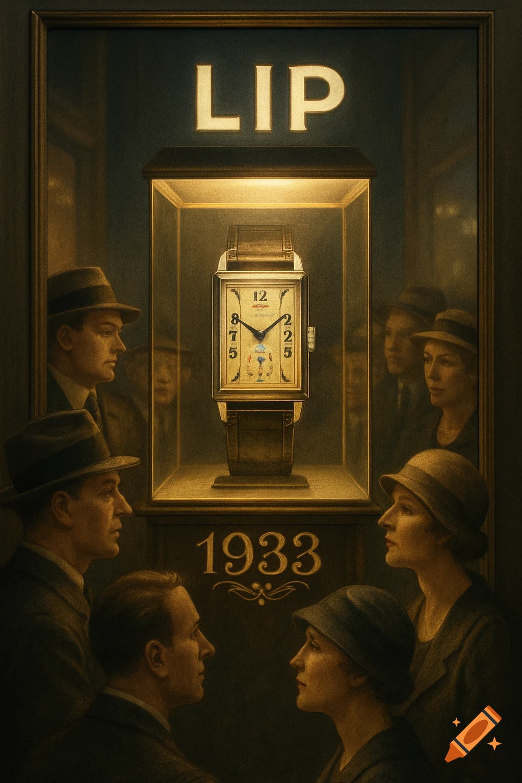 An old-fashioned advertisement shows a large rectangular watch in a lit display case, with the text "LIP" above and "1933" below. People in vintage clothing look at the watch.