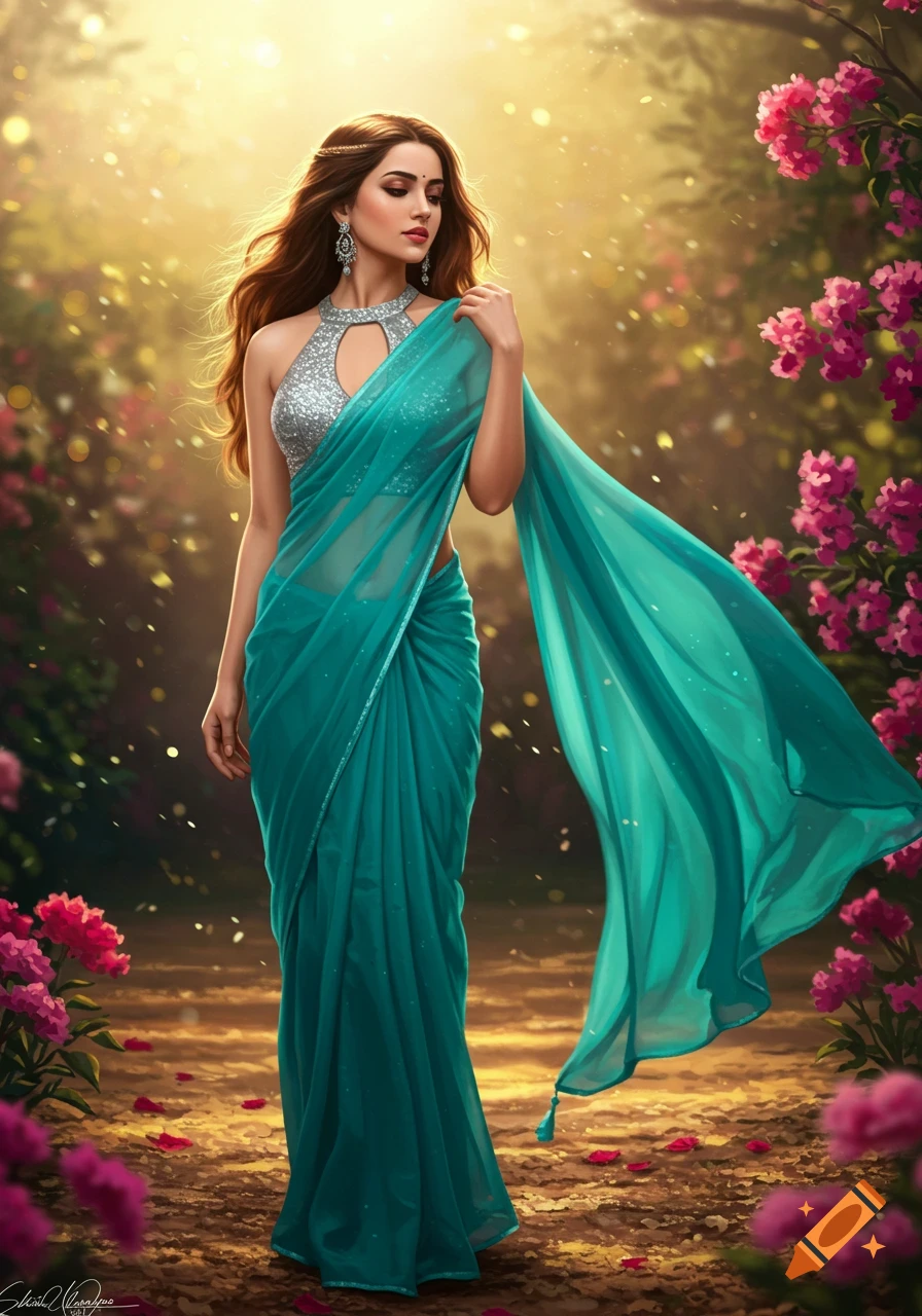 A beautiful woman in a flowing teal blue chiffon saree and silver blouse walks through a sunlit garden with pink flowers. Photorealistic.
