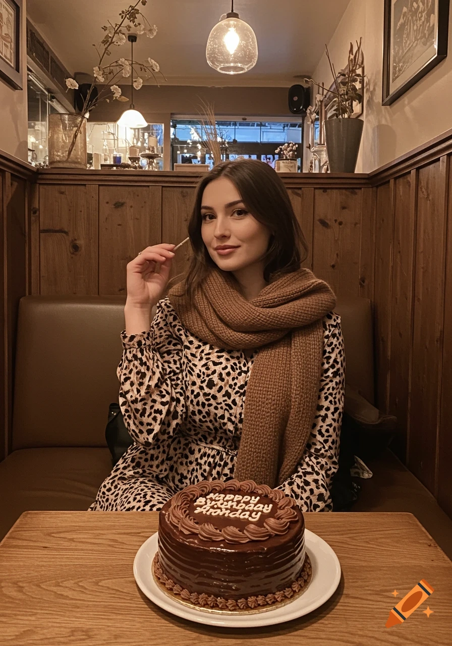 A woman in a leopard print dress and brown scarf sits at a cafe table with a chocolate birthday cake.
