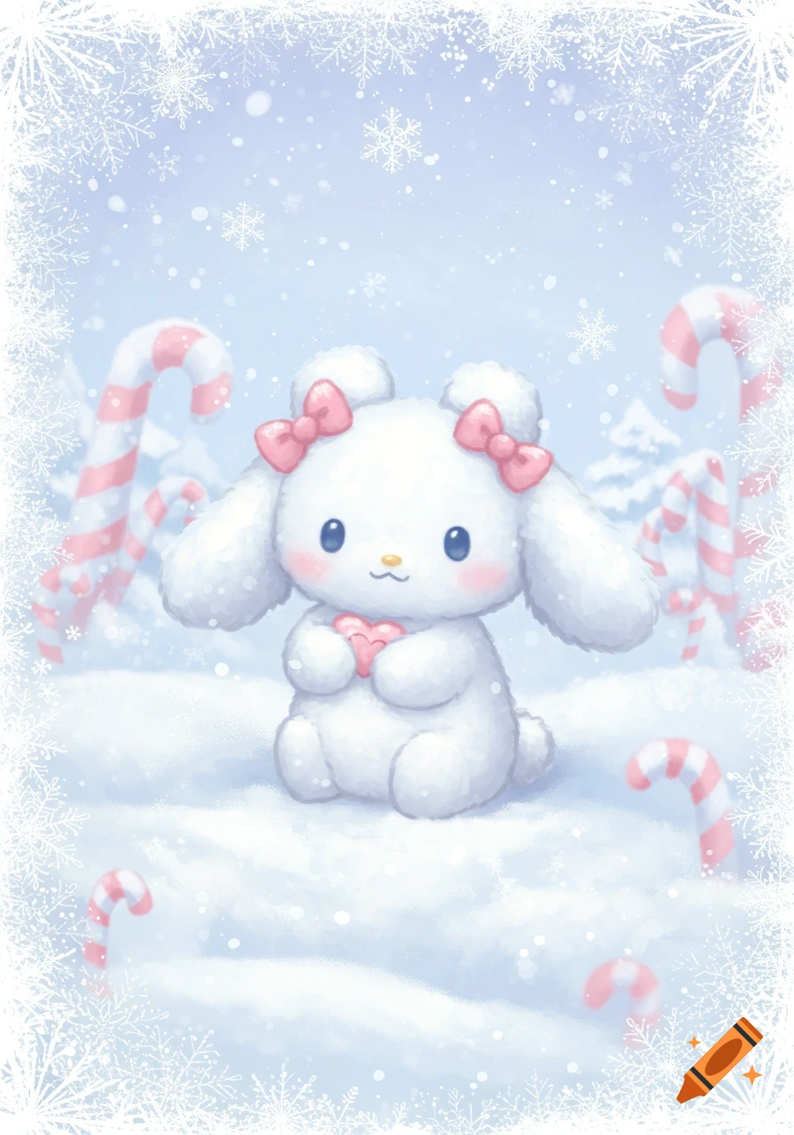 A fluffy white bunny-like character with pink bows holds a heart in a snowy winter scene with candy canes and falling snowflakes. Kawaii illustration.