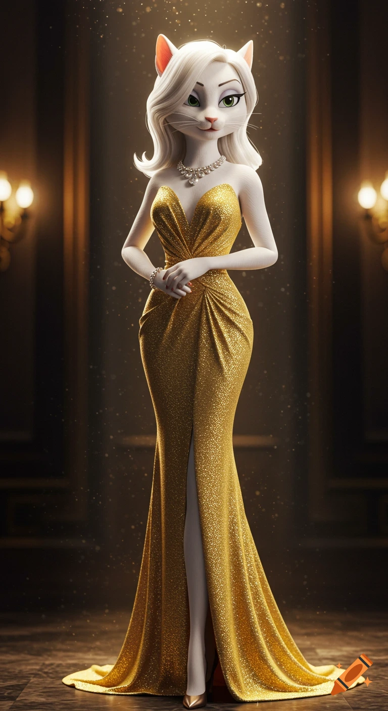 Elegant 3D animated white cat in a sparkling golden strapless gown and diamond jewelry, standing gracefully.