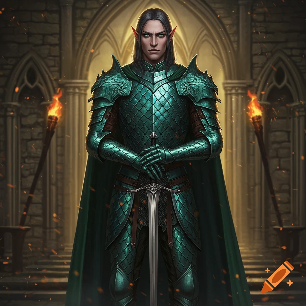 An elf warrior in detailed teal dragon-scale armor and a dark green cape, holding a sword, stands in a gothic stone archway.