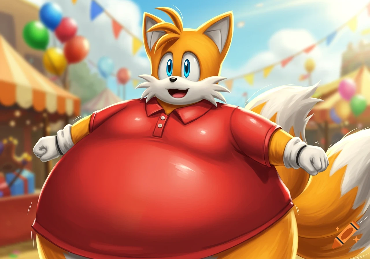 An inflated cartoon character Tails from Sonic the Hedgehog, wearing a red polo shirt, smiles at a sunny carnival.