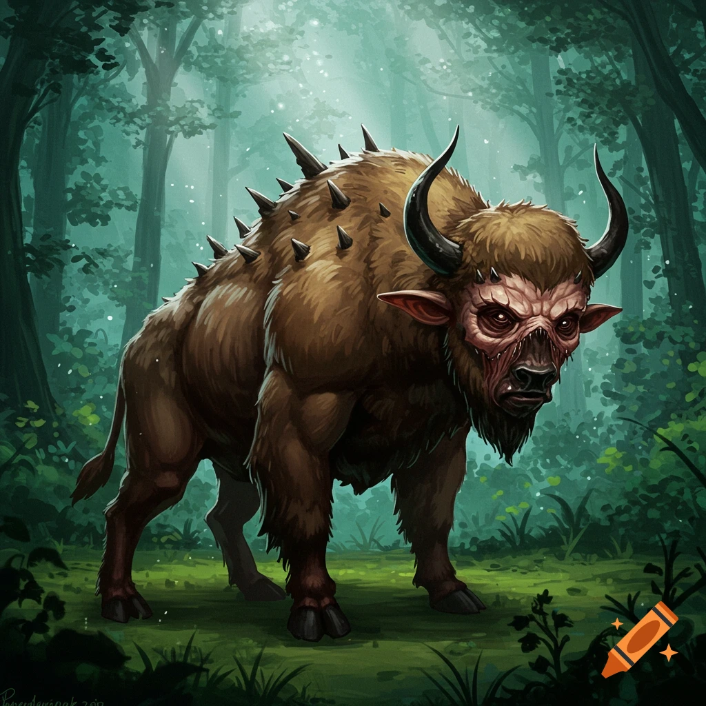 A monstrous, horned, spiky bison-like creature with a grotesque face stands in a mystical forest, fantasy illustration.
