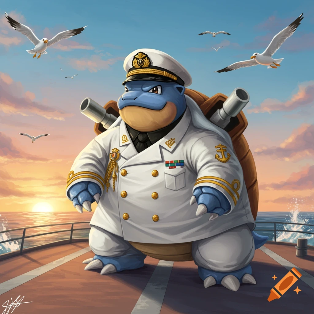 A blue Blastoise in a white navy officer uniform with medals, standing on a ship deck at sunset with seagulls flying.