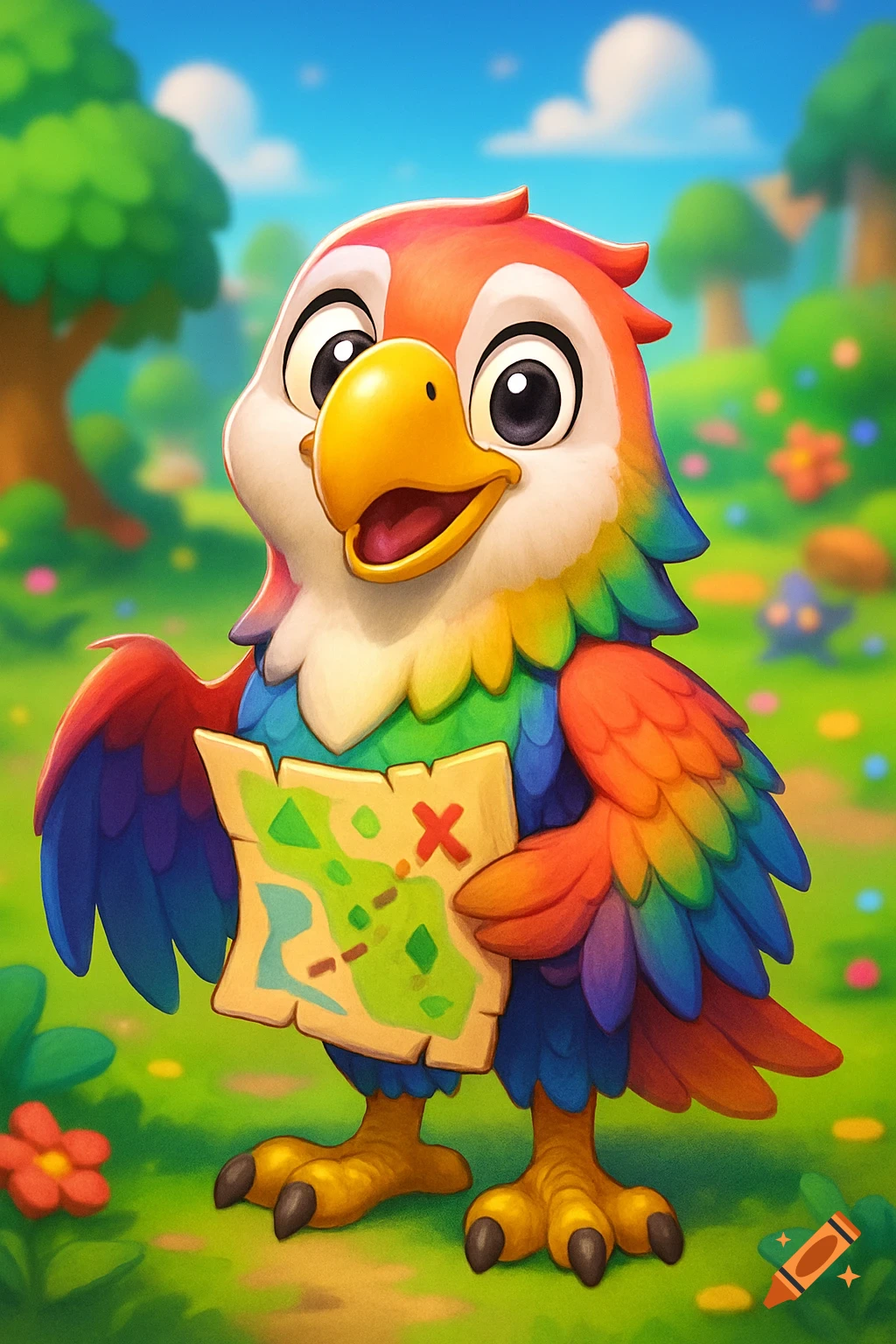 A cute, colorful cartoon bird with rainbow feathers holds a treasure map in a vibrant green field.
