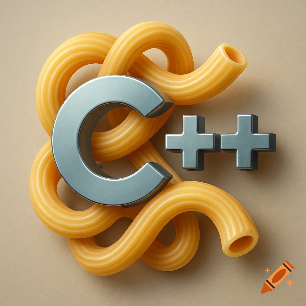 3D render of a metallic C++ logo intertwined with yellow maccheroni pasta on a light background.