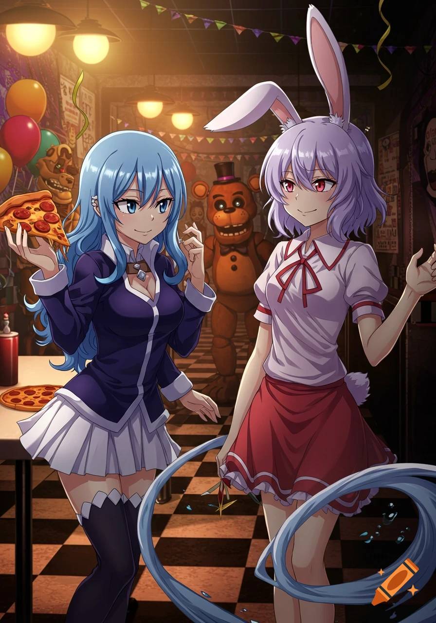 Anime characters Juvia from Fairytail and Reisen from Touhou pose in Freddy Fazbear's Pizzeria, with Juvia holding a slice of pizza.