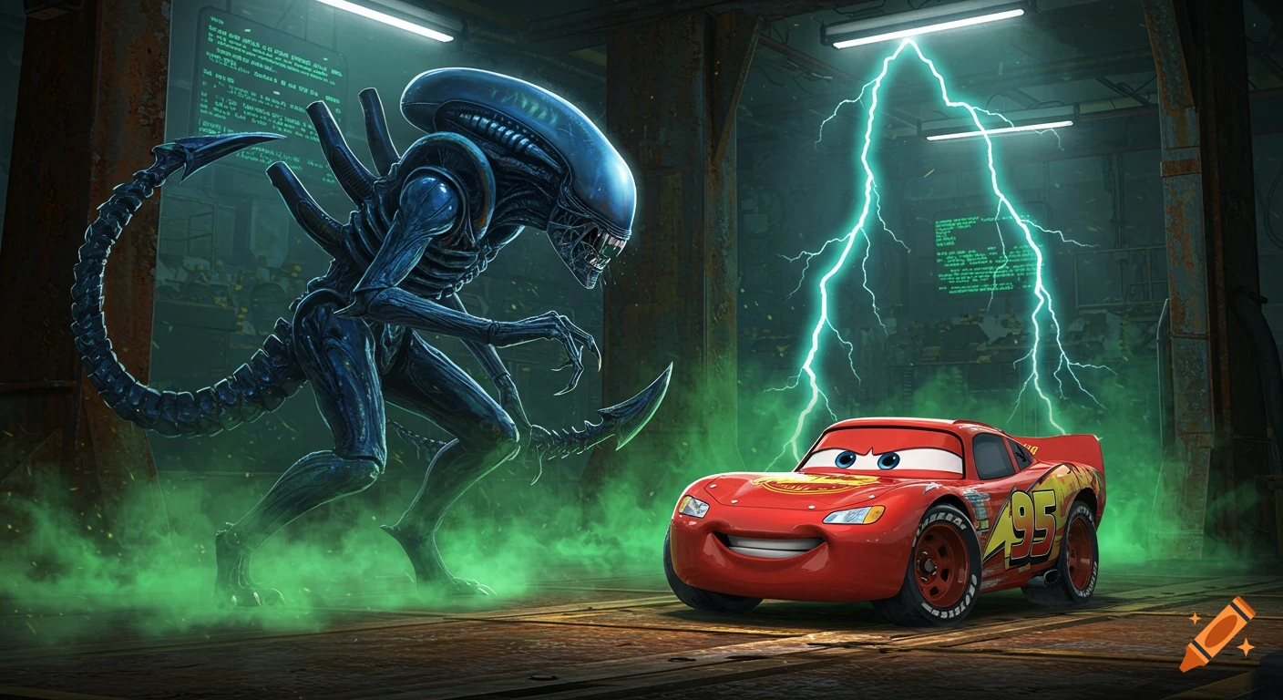 Lightning McQueen faces a Xenomorph in a dark, misty industrial room with green lightning.