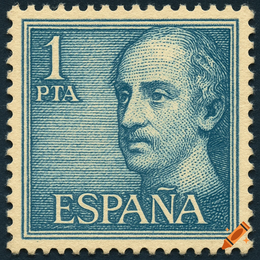 An old blue Spanish postage stamp featuring a textured portrait of a man, with '1 PTA' and 'ESPANA' text.