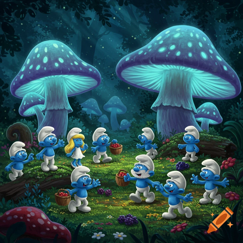 Cartoon illustration of multiple blue Smurfs picking red berries in an enchanted forest with giant glowing purple mushrooms.