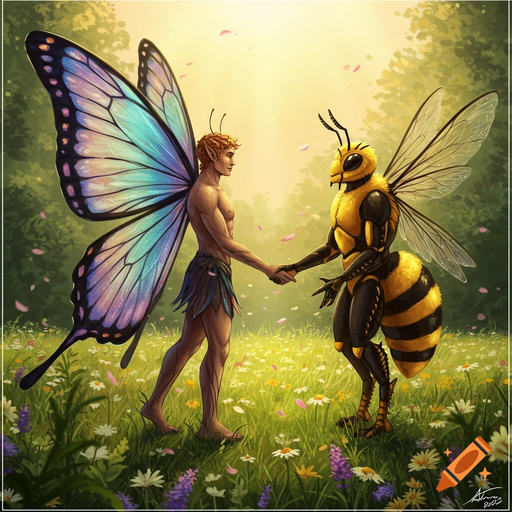 A male humanoid with blue butterfly wings shakes hands with a male humanoid bee in a vibrant flower meadow.