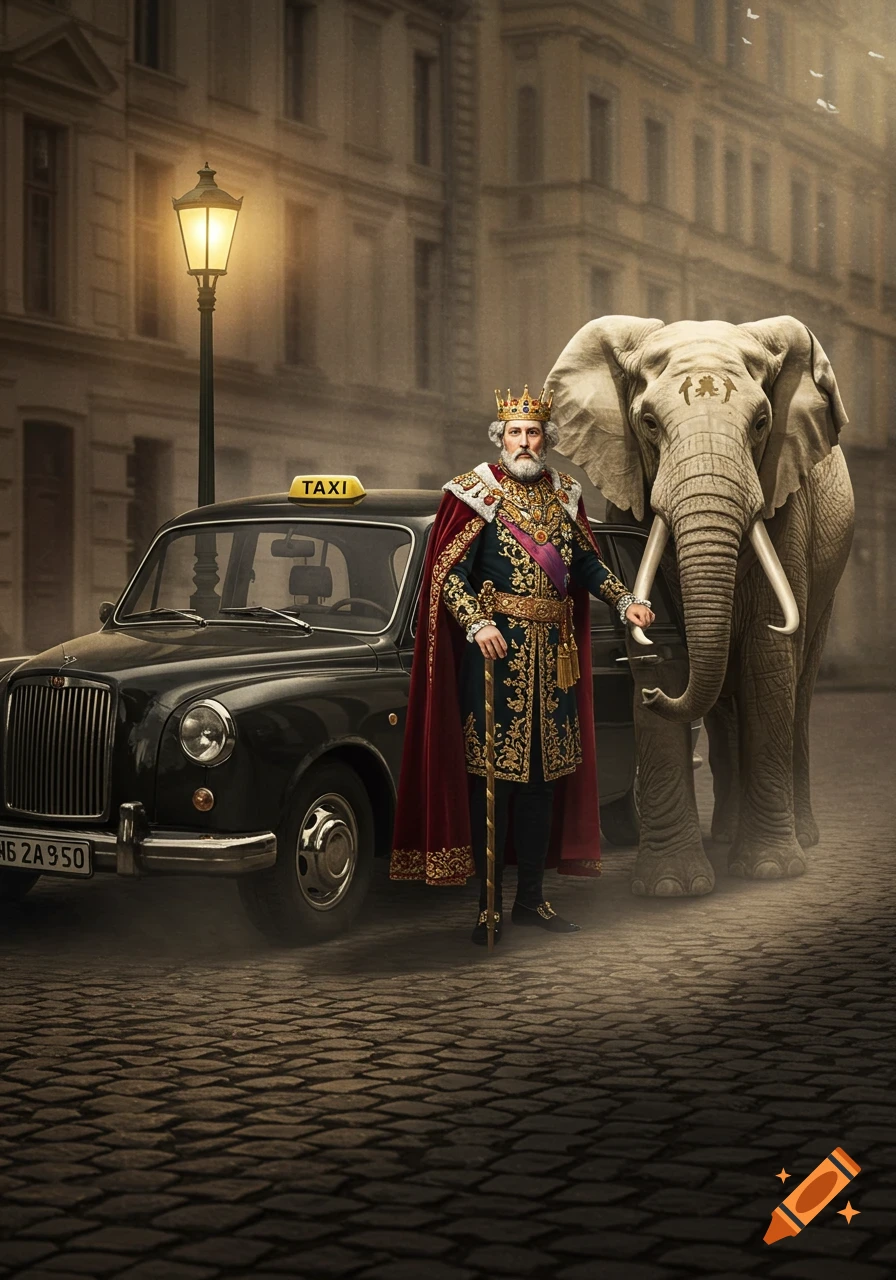 A king in royal attire and crown stands next to a black taxi and a large elephant on a cobblestone street at dusk.