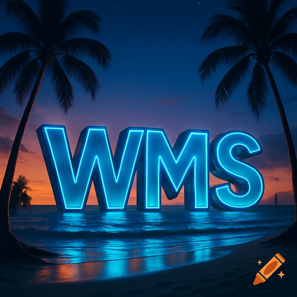 Glowing blue neon 'WMS' letters stand in shallow ocean water on a beach at sunset with silhouetted palm trees.