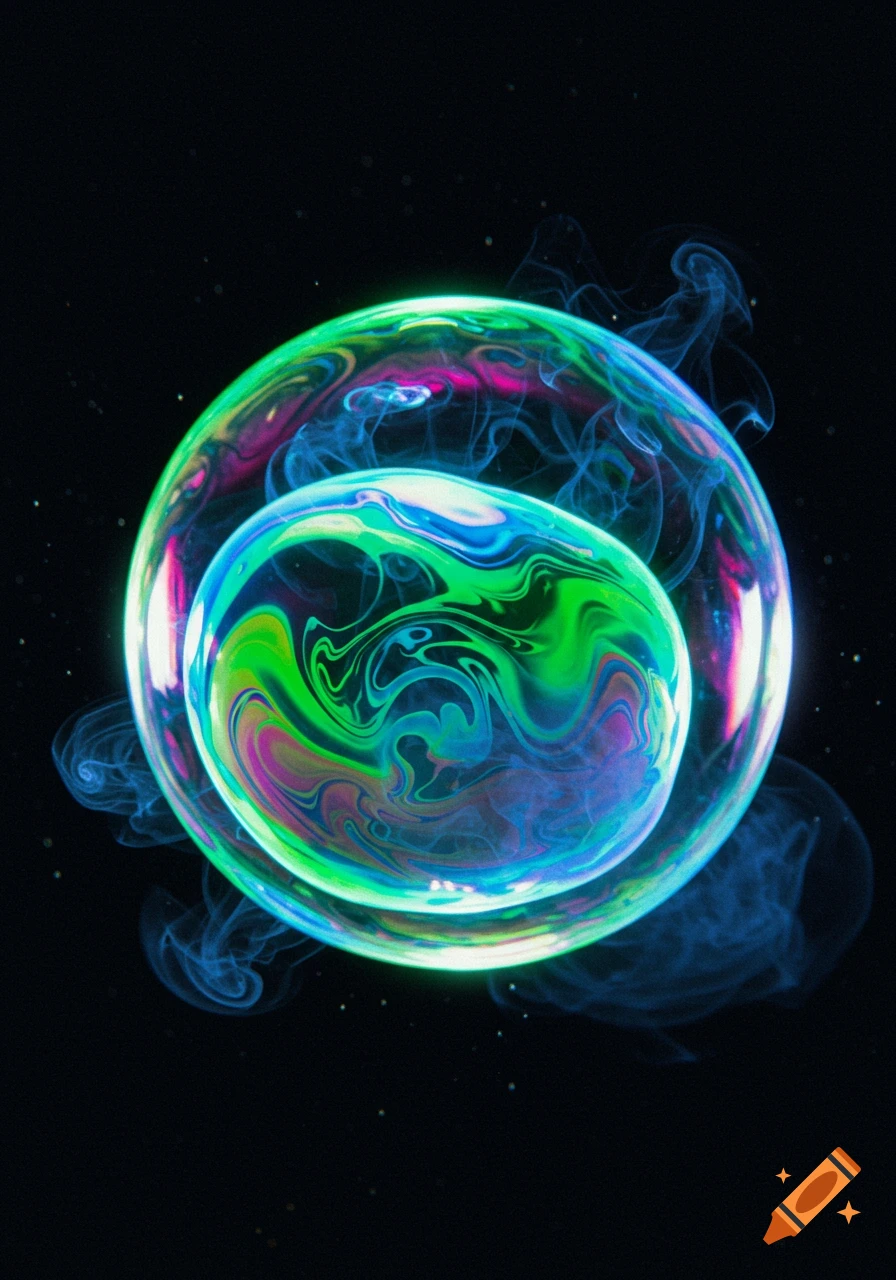 Two iridescent bubbles, one inside the other, swirl with green, blue, and pink colors, surrounded by blue smoke on a black background.