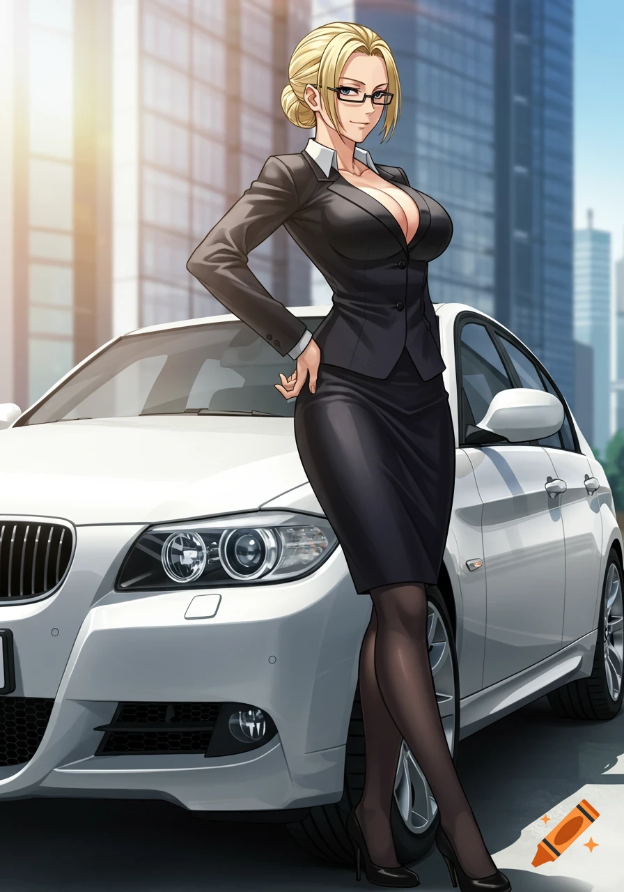An anime woman with blonde hair in a bun, wearing glasses and a low-cut business suit, stands smugly in front of a white BMW.