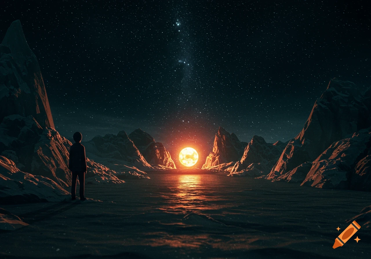 A person stands on a barren, mountainous landscape, gazing at a glowing orb rising between peaks under a starry night.