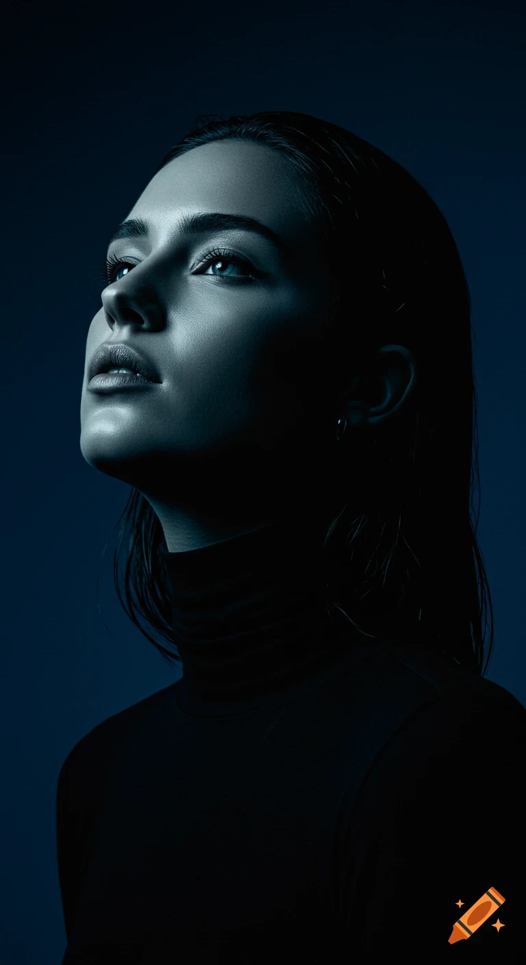 Close-up portrait of a woman looking up with dramatic lighting against a dark blue background.