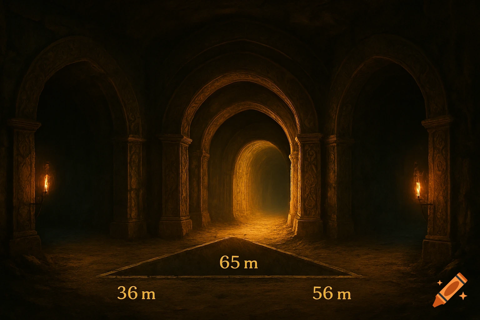Dark fantasy dungeon corridor with ancient arched architecture, lit by golden light. Measurements 36m, 56m, 65m on the floor.