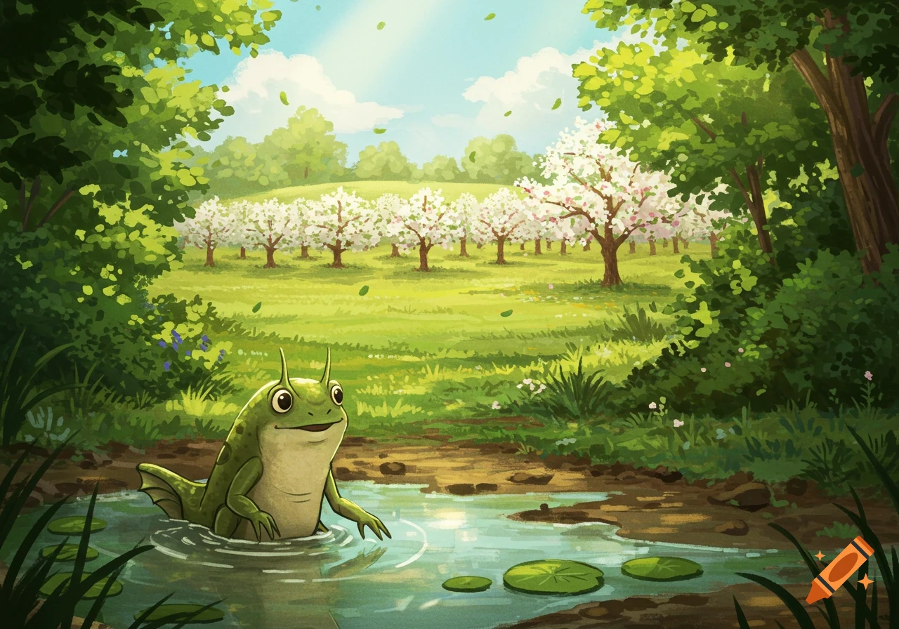 An illustrated friendly frog-like creature emerges from a pond in a vibrant green landscape with a blossoming orchard.