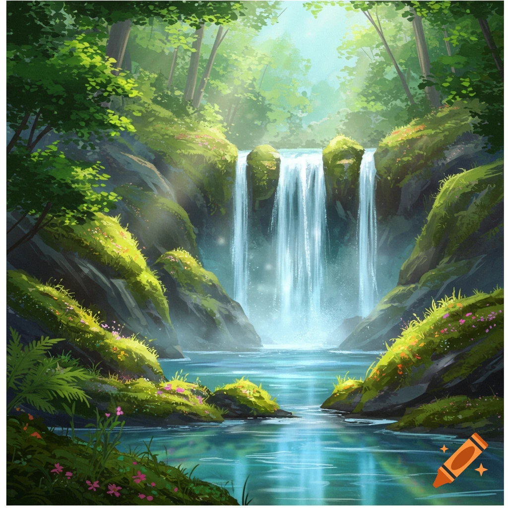 Vibrant digital art of a lush forest with a multi-tiered waterfall cascading into a clear blue pond, dappled with sunlight.