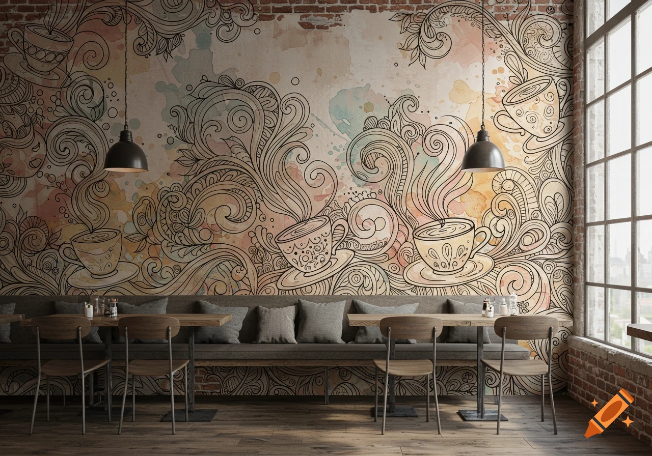 Cozy cafe interior with a watercolor wall mural featuring black line art of coffee cups and swirling patterns, modern tables.