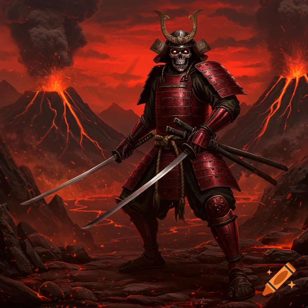 A skeleton samurai in red armor with glowing eyes holds two katanas in a fiery volcanic landscape under a dark red sky.