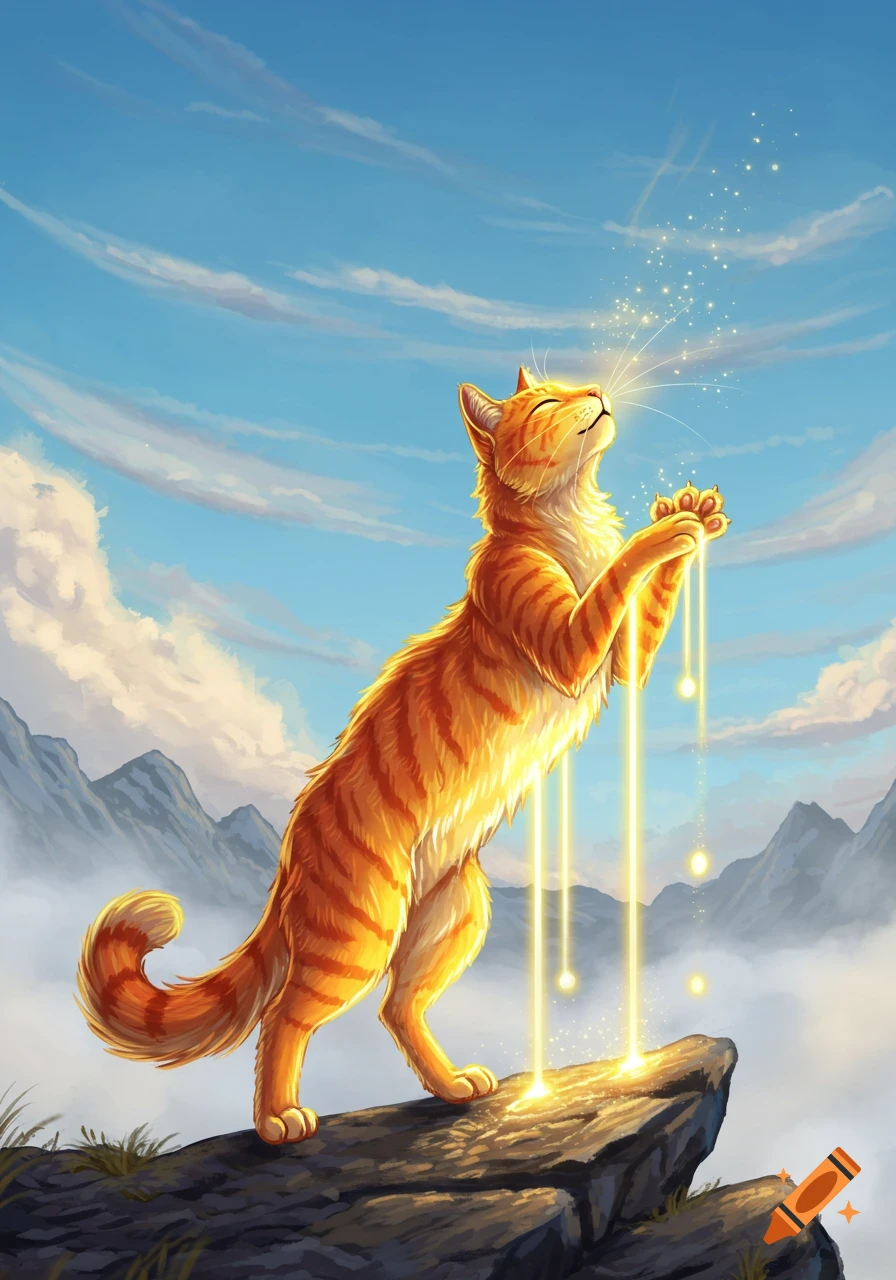 An orange tabby cat stands on a mountain peak, looking up at a blue sky, bathed in golden light streaming from its paws.
